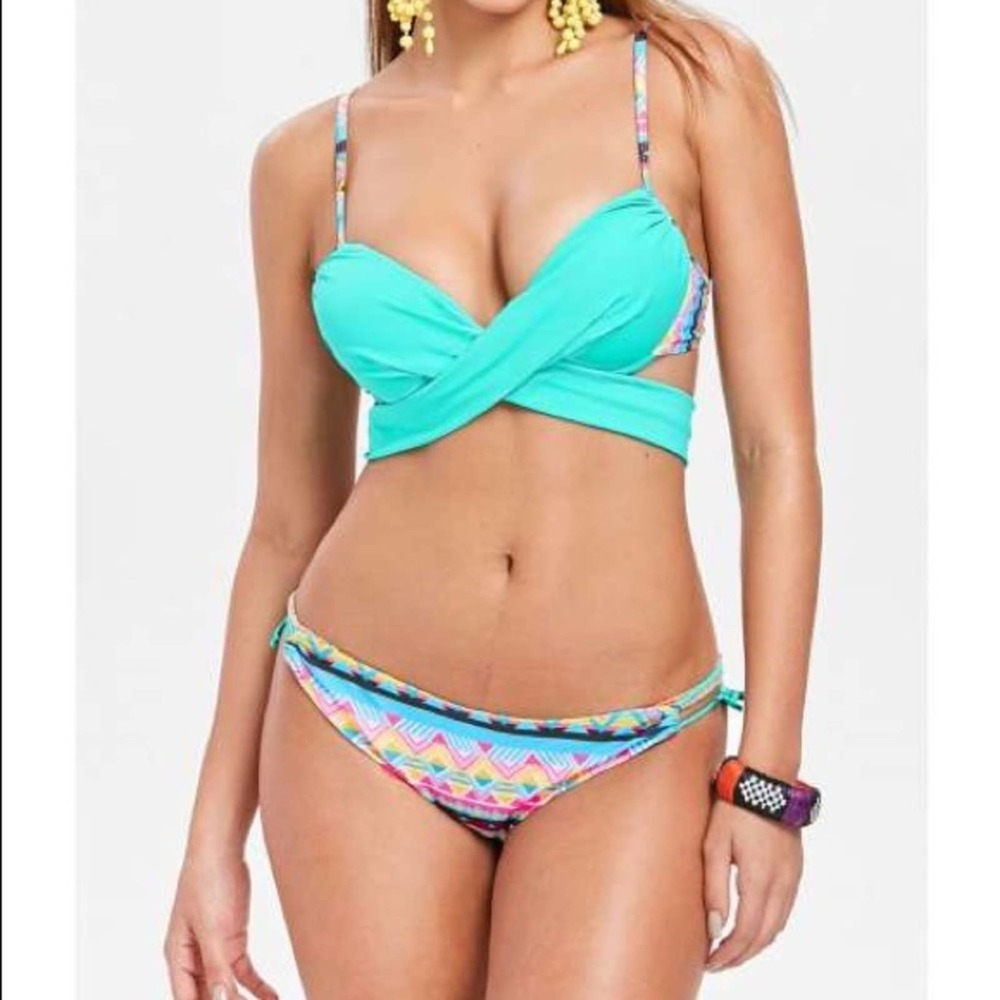 Women's Lake Blue Geometric Crossover Top/Cheeky Bottom 2 Piece Bikini Set sz L